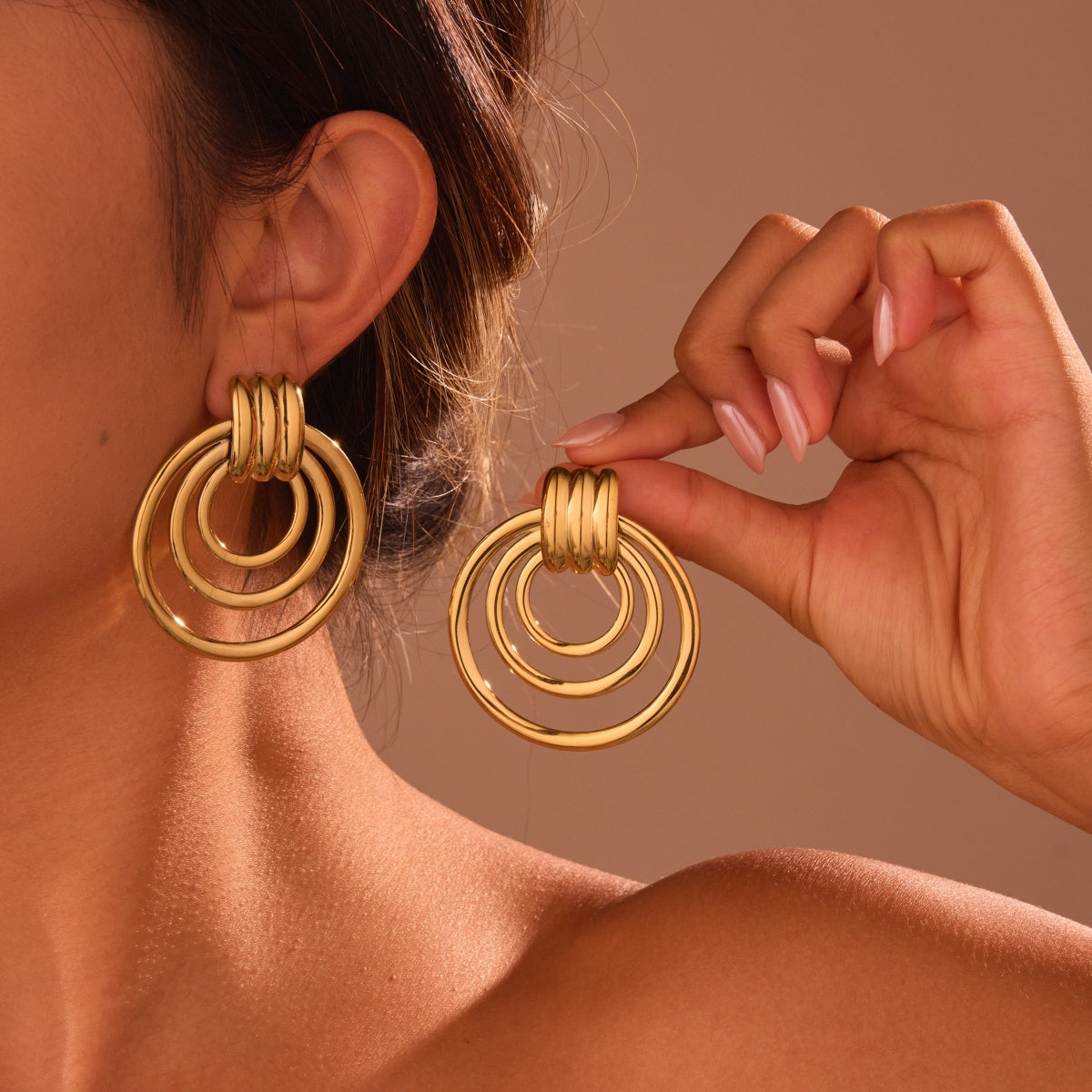 Triple Loop Stainless Steel Gold Earrings