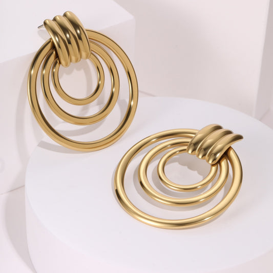 Triple Loop Stainless Steel Gold Earrings